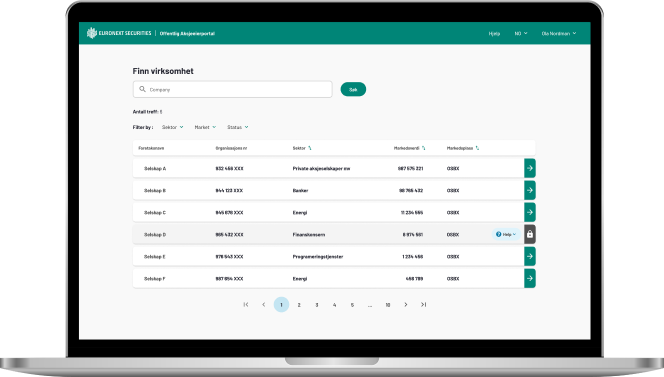 Screenshot of www.aksjeeierregisteret.no for signed in users